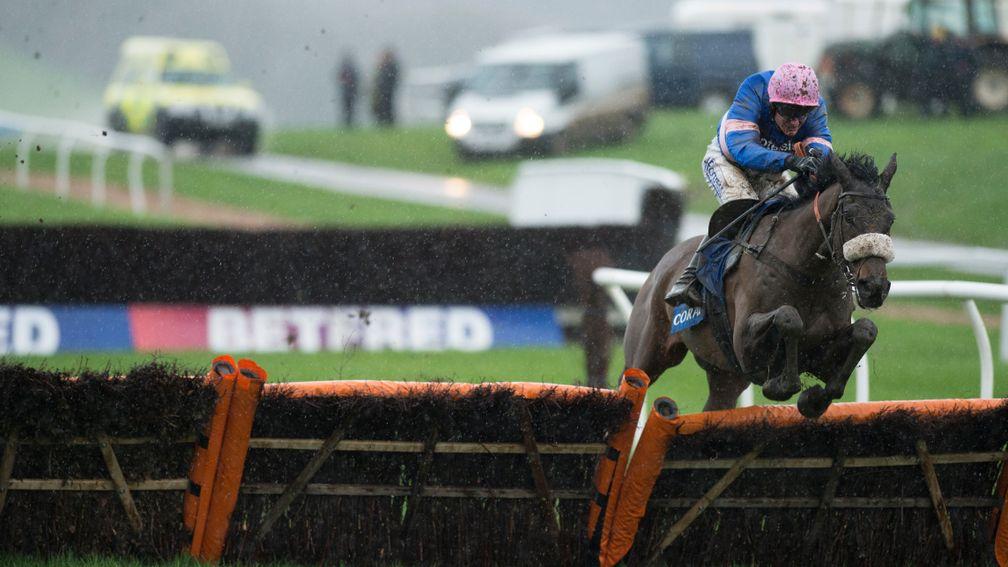 Adrien Du Pont jumps the final flight en route to victory in the Grade 1 Future Champions Finale Juvenile Hurdle at Chepstow
