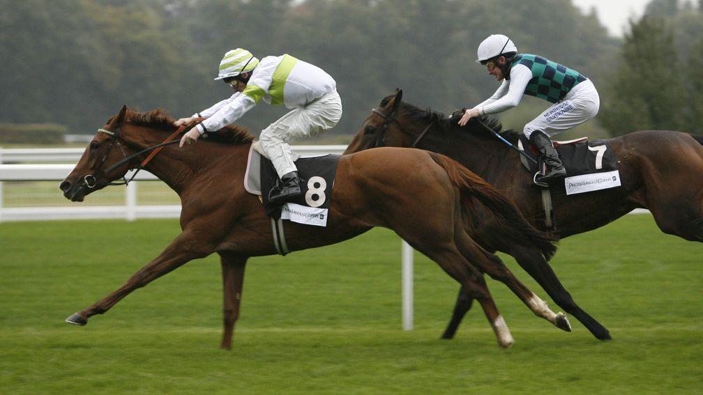 Schoeningh’s white silks with a pale green stripe were once a fairly common sight in Britain, through such as Brisk Breeze, seen here winning at Ascot