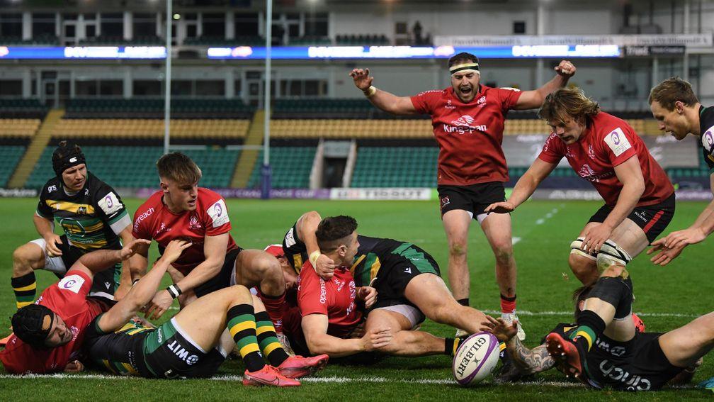 John Cooney scores for Ulster in the quarter-final win at Northampton