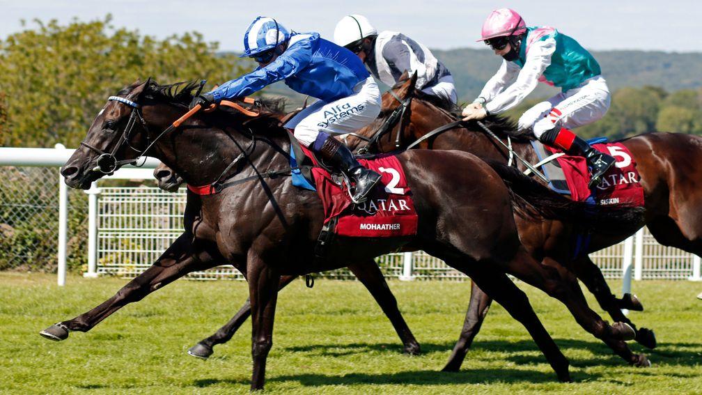 Mohaather (blue) storms to success in the Group 1 Sussex Stakes