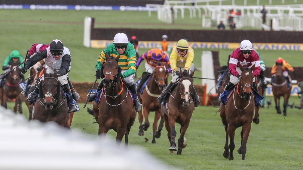 SIRE DU BERLAIS Ridden by Barry Geraghty (Green and Gold ) wins at Cheltenham 14/3/19 Photograph by Grossick Racing Photography 0771 046 1723