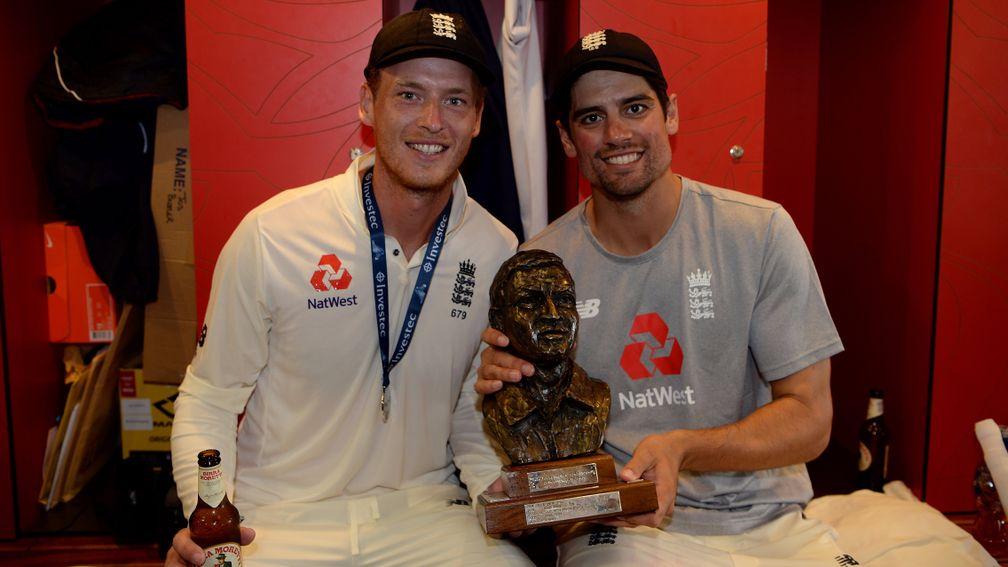 Tom Westley (left) celebrates the series win over South Africa with Alastair Cook