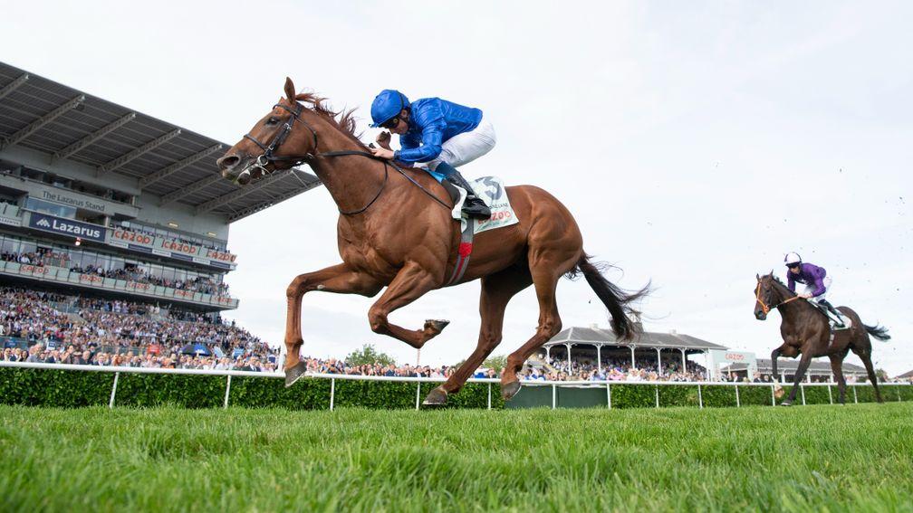 Hurricane Lane and William Buick win the St LegerDoncaster 11.9.21 Pic: Edward Whitaker