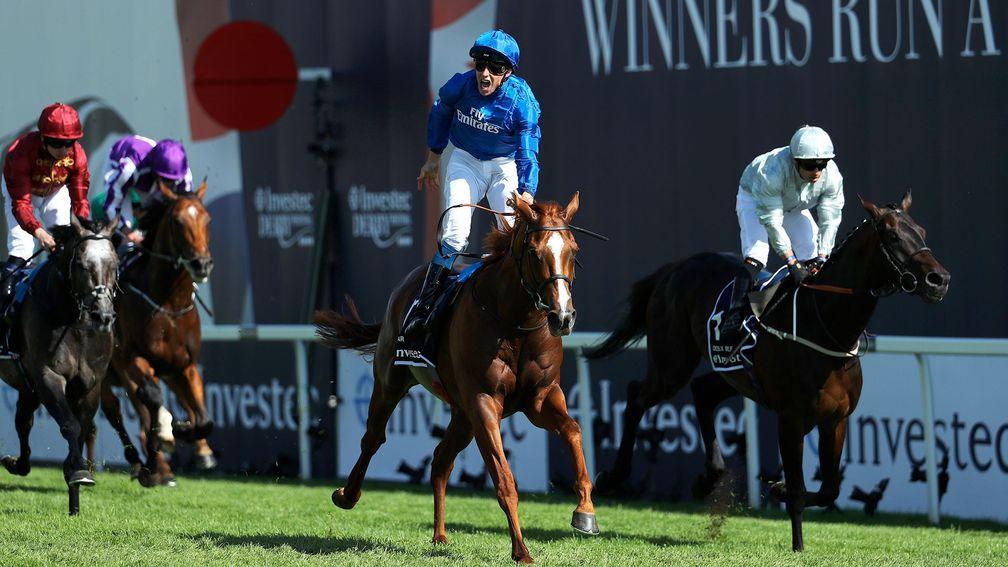 Joy for Buick: William Buick lets out a big roar as he wins the Investec Derby on Masar