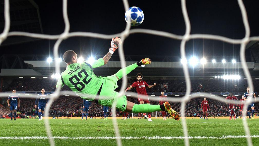 Mohamed Salah converts a penalty during Liverpool's 4-0 home win over Red Star