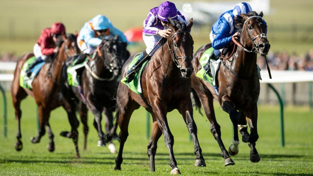 Ten Sovereigns (purple) lands the Middle Park Stakes