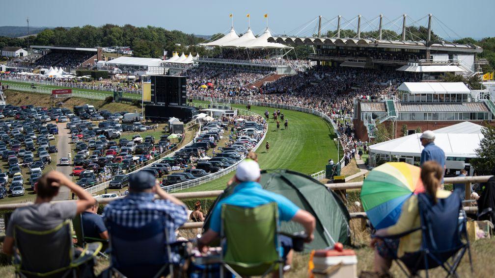 Racegoers on Trundle Hill watch LilRockerfeller win the 2m 5f handicap by 15 lengthsGoodwood 1.8.18 Pic: Edward Whitaker