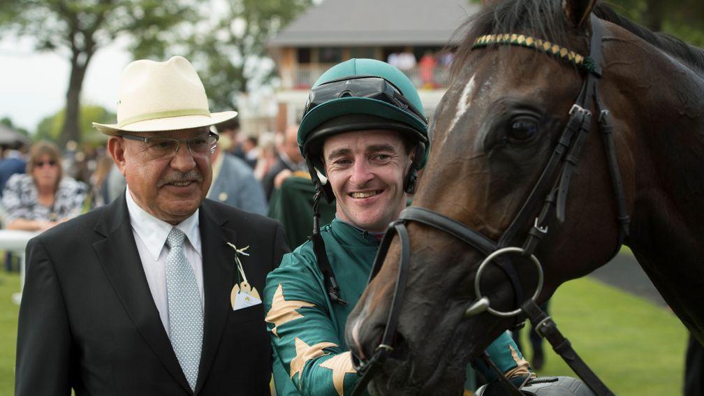 Tony Nerses (left) with jockey Graham Gibbons after Ajaya's success in the Gimcrack Stakes