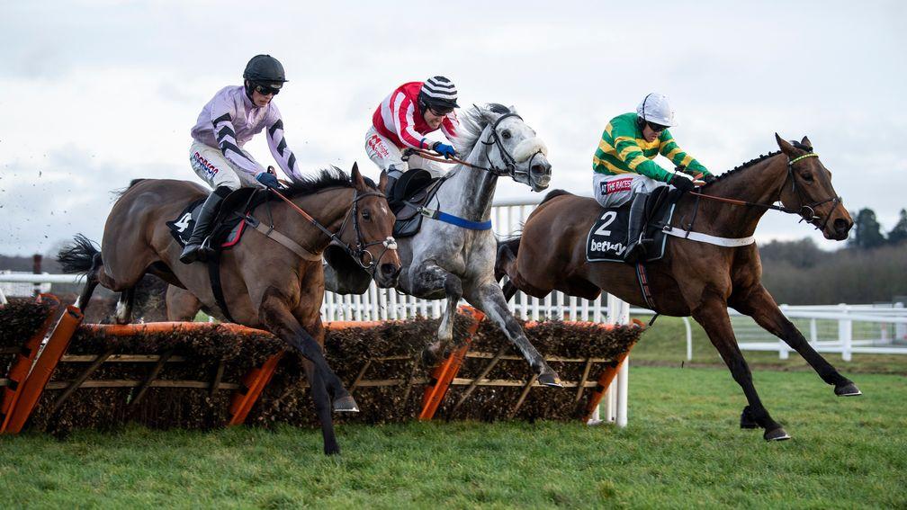 Getaway Trump (black cap) finishes a fine second in the Challow last time