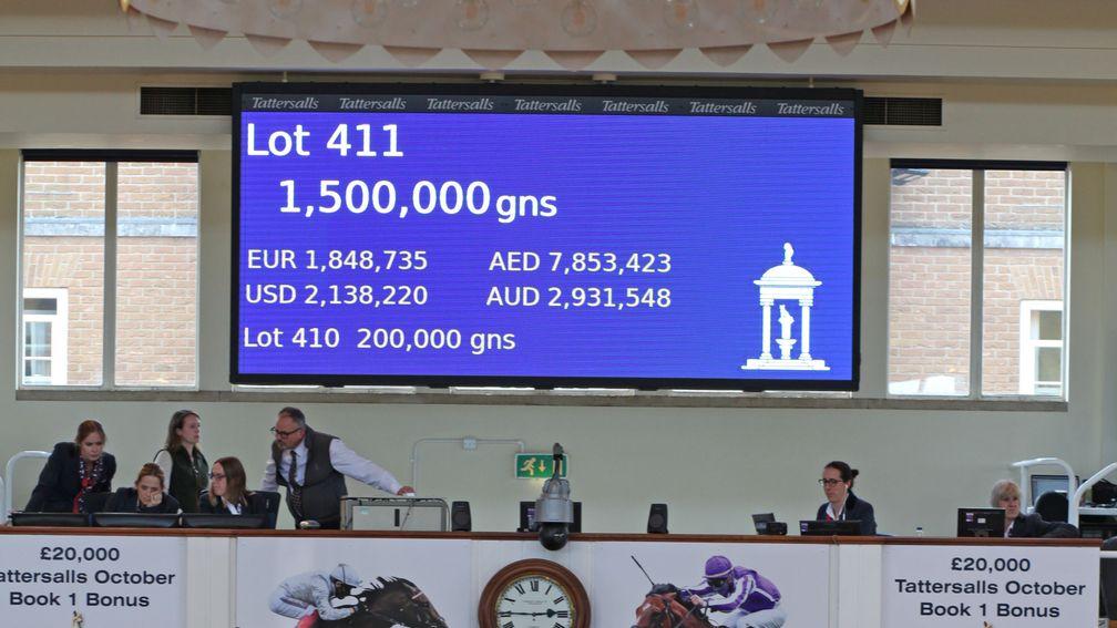 The sales-topping sum of 1,500,000gns on the Tattersalls bid board