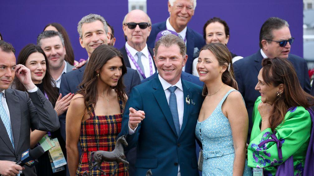 Bobby Flay (centre): celebrates after Pizza Bianca's Breeders' Cup win last year