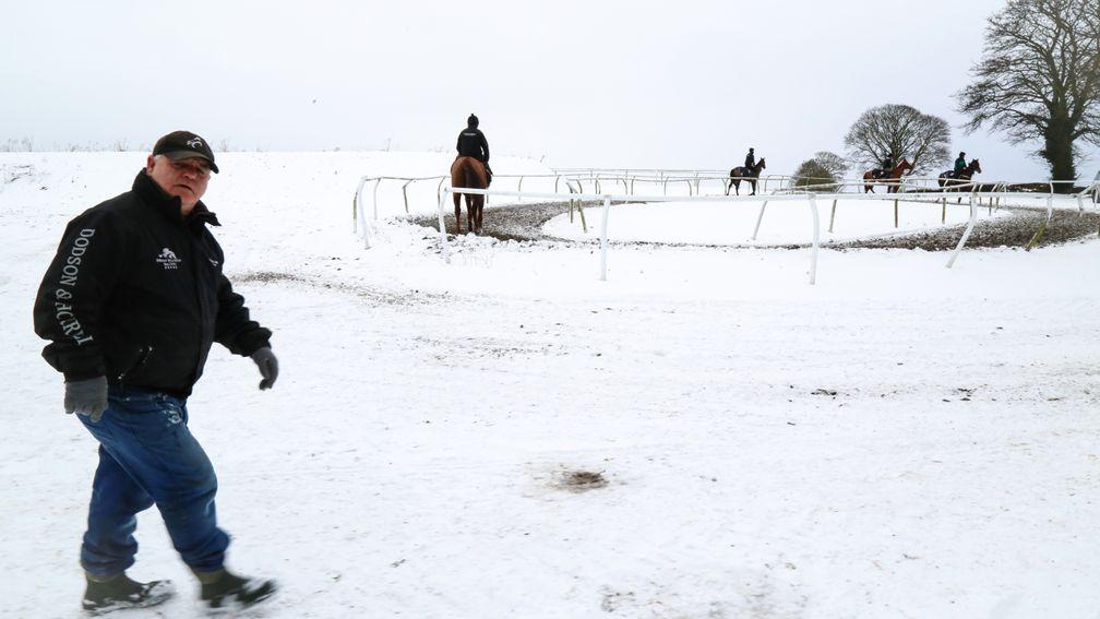 Watch your step: Brian Ellison braves conditions to oversee his string’s work