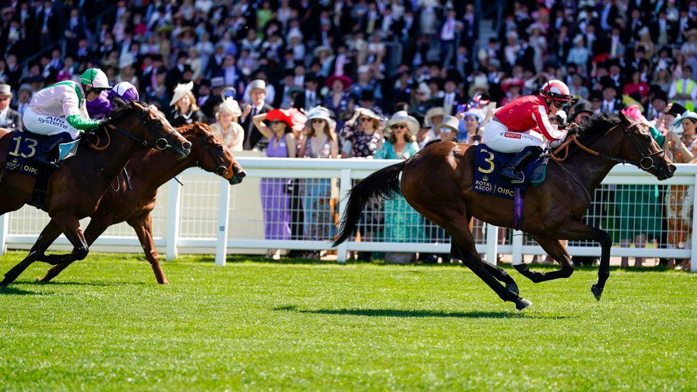 ASCOT, ENGLAND - JUNE 14: Hollie Doyle riding Bradsell win The Coventry Stakes during Royal Ascot 2022 at Ascot Racecourse on June 14, 2022 in Ascot, England. (Photo by Alan Crowhurst/Getty Images)