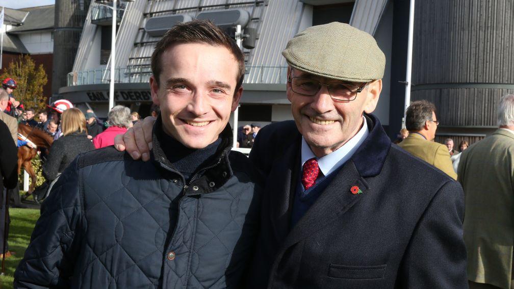 GEORGE CHALONER WITH TRAINER MALCOLM JEFFERSON  at AINTREE 29/10/17Photograph by Grossick Racing Photography 0771 046 1723