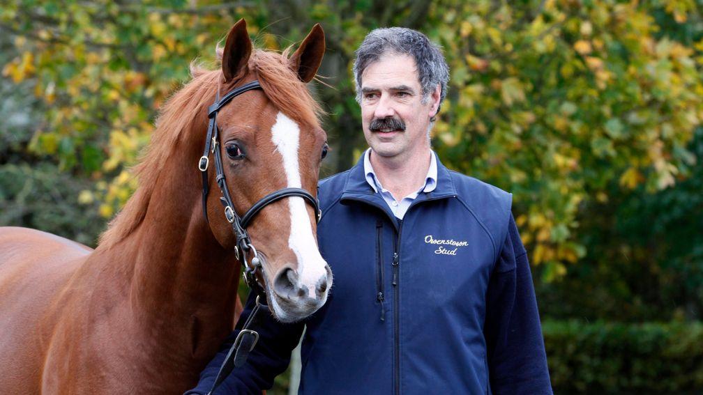 John Tuthill with the Dragon Pulse yearling colt out of a half-sister to Choose Me, the dam of Persuasive, at Goffs on Tuesday