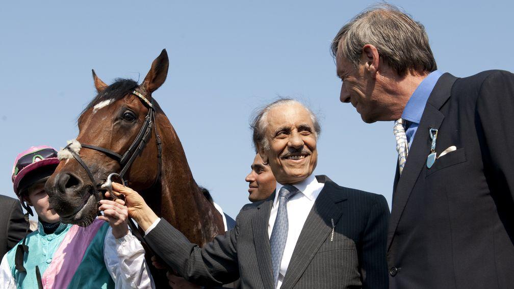 Khalid Abdullah and trainer Sir Henry Cecil after Frankel's 2,000 Guineas triumph at Newmarket in 2011