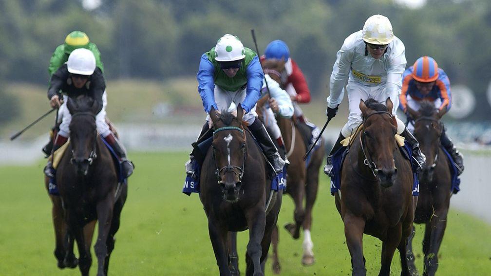 Hellenic's daughter Islington (right) during her second Yorkshire Oaks win in 2003