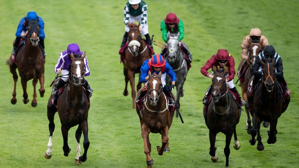 Nayef Road (blue/red striped cape, centre) won at the Qatar Goodwood festival in 2019