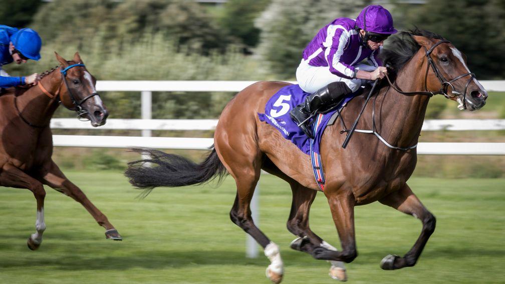 Happily stretches to a five-length win in the Group 3 Silver Flash Stakes at Leopardstown