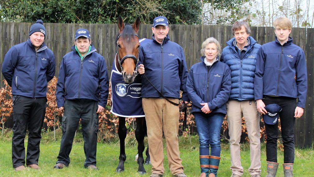 Crystal Ocean, the joint world champion of 2019, at The Beeches Stud with (l-r) Pauric O’Gorman, James Tobin, Peter Kenneally, Debbie McCarthy, Robert McCarthy and Andrew McCarthy