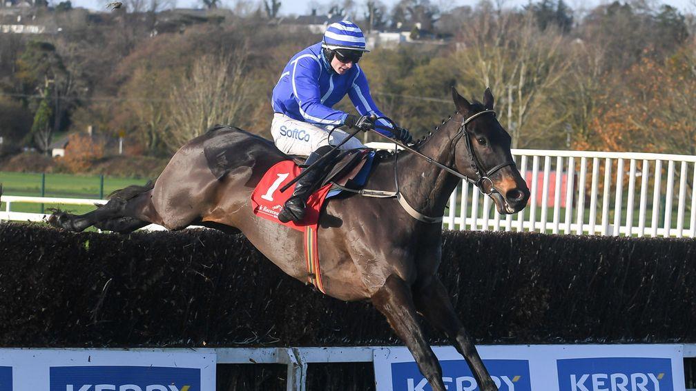 Energumene (Sean O'Keeffe) soars over the last to win the Hilly Way Chase