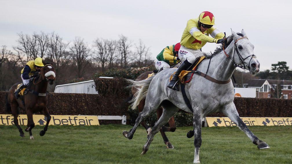ESHER, ENGLAND - DECEMBER 09:  Harry Cobden riding Politologue (R) clear the last to win The betfair Tingle Creek Steeple Chase at Sandown Park racecourse on December 9, 2017 in Esher, United Kingdom. (Photo by Alan Crowhurst/Getty Images)