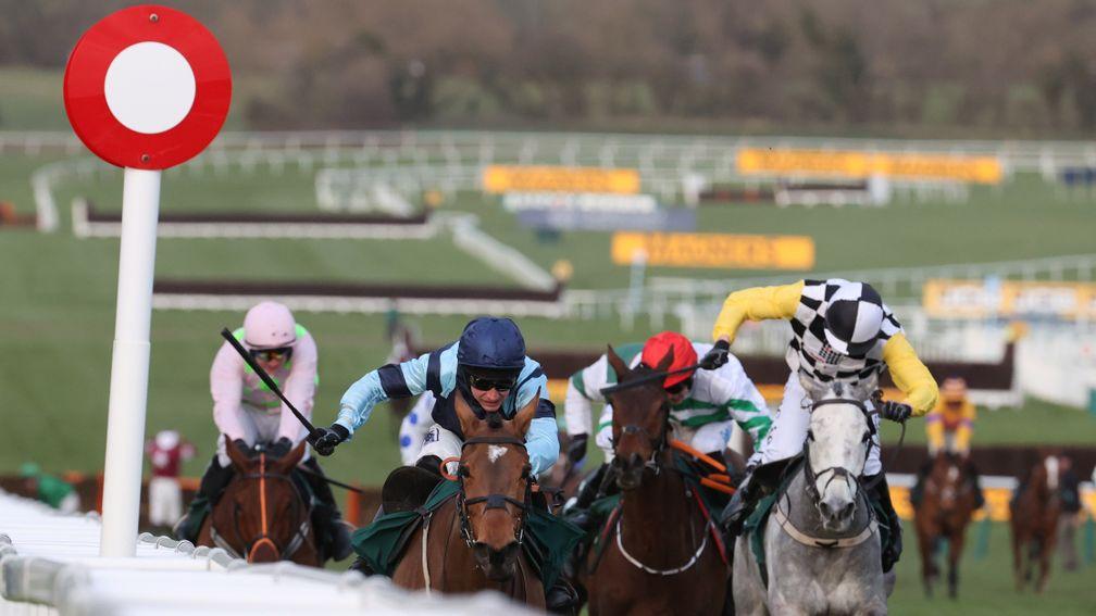 Indefatigable and Rex Dingle (navy blue cap) return to the scene of their triumph in the 2020 Martin Pipe Conditional Jockeys' Handicap Hurdle