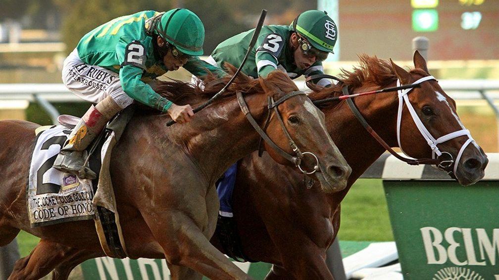 Code Of Honor (nearside) wins the Jockey Club Gold Cup at Belmont Park after Vino Rosso was disqualified