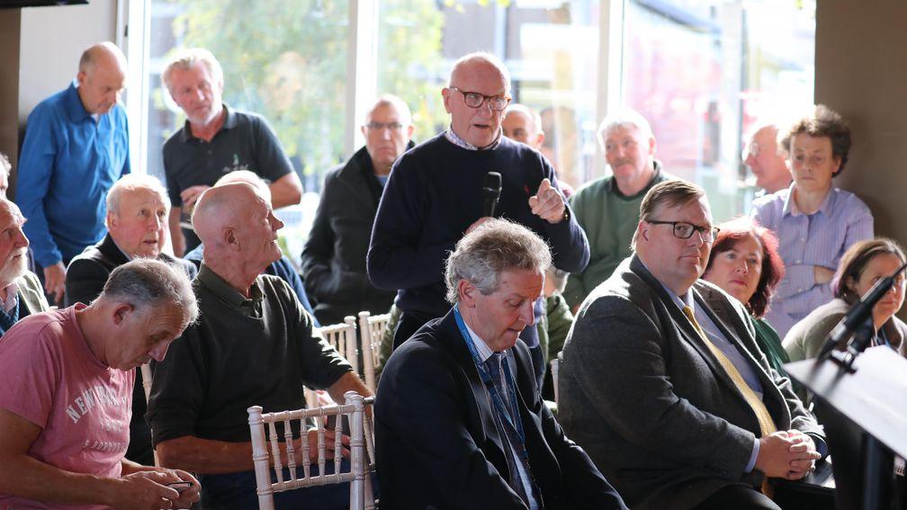 Pat OâBrien Former East Lothian Provist and Chair of the Racecourse Committee for 12 years speaks  at Musselburgh Racecourse 1/10/19Photograph by Grossick Racing Photography 0771 046 1723