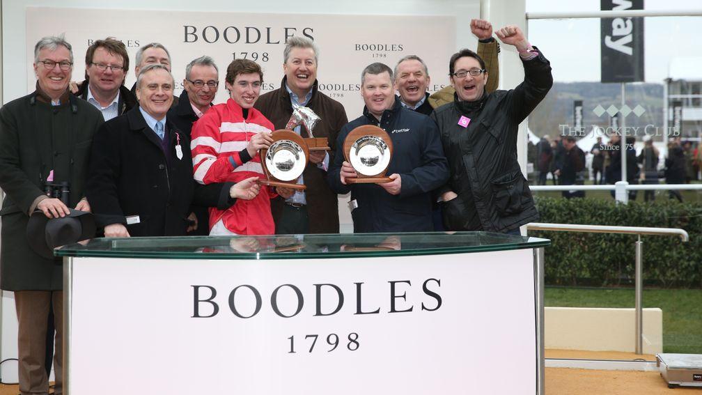 No lack of sponsorship promotion as connections of the Boodles Fred Winter Juvenile Handicap Hurdle pick up their prizes at Cheltenham on Wednesday