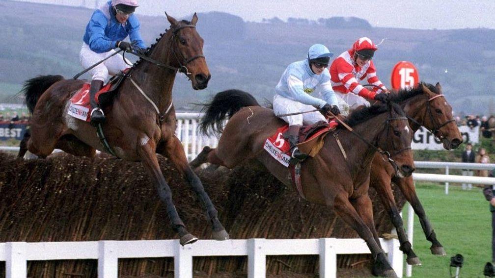 Martha's Son (centre) and Rodney Farrant jump the last with Ask Tom (left) and Viking Flagship in the 1997 Queen Mother Champion Chase