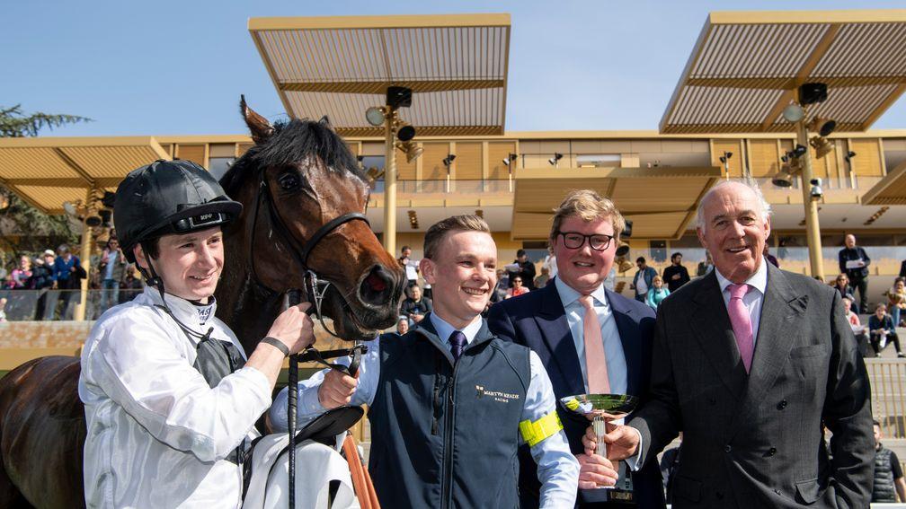 Delighted connections pose for pictures with Chilean after the colt's success in the Prix la Force