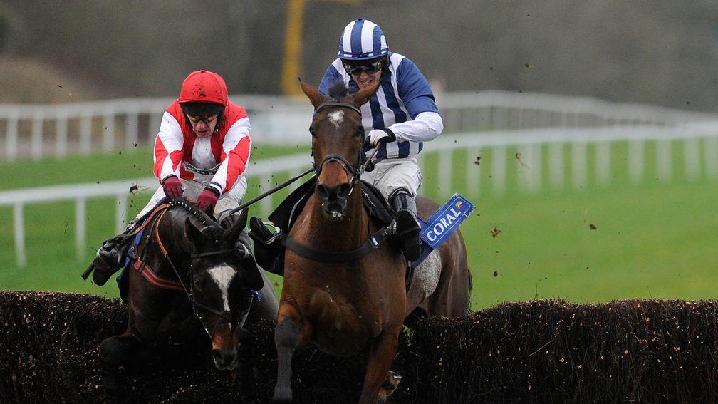 Monbeg Dude (left) survives a mistake at the last to win Coral Welsh National from Teaforthree five years ago