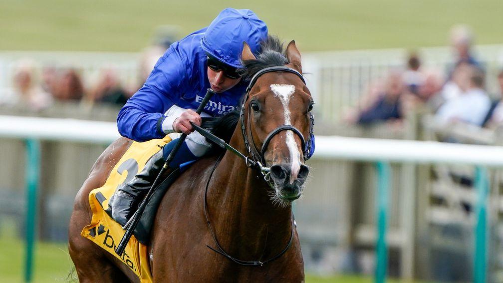 NEWMARKET, ENGLAND - APRIL 29: William Buick riding Nations Pride (blue) win The Best Odds On The Betfair Exchange Newmarket Stakes at Newmarket Racecourse on April 29, 2022 in Newmarket, England. (Photo by Alan Crowhurst/Getty Images)