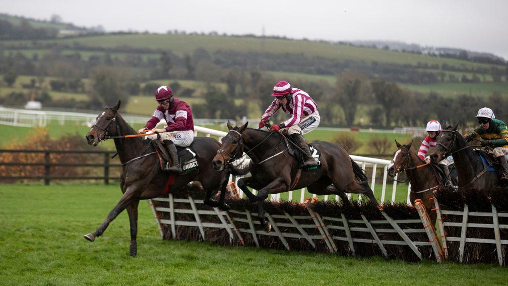 Abacadabras (left) puts some points on the board of Ten To Follow fans as he lands the Morgiana Hurdle at Punchestown