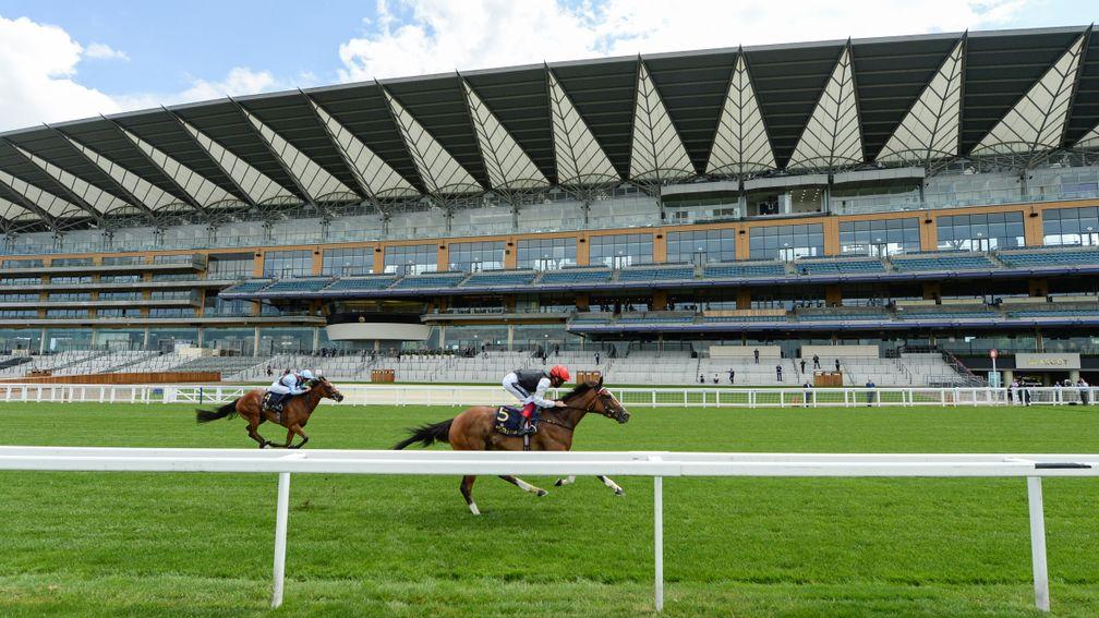 Frankly Darling and Frankie Dettori win the Ribblesdale Stakes at a near deserted Royal Ascot