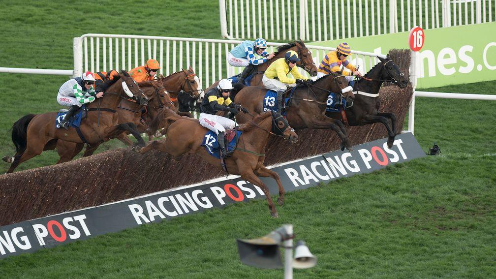 Tully East (13, centre) jumps the last fence in the Close Brothers Novices' Handicap Chase at Cheltenham in March. A higher rating will be required to compete in 2018.