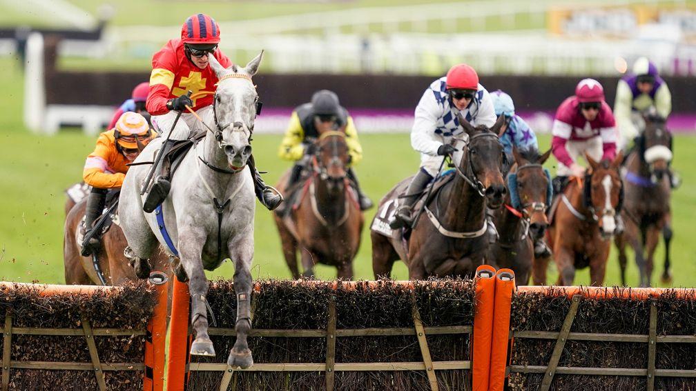 CHELTENHAM, ENGLAND - MARCH 19: Mark Walsh riding Vanillier clear the last to win The Albert Bartlett Novices' Hurdle at Cheltenham Racecourse on March 19, 2021 in Cheltenham, England. Sporting venues around the UK remain under strict restrictions due to