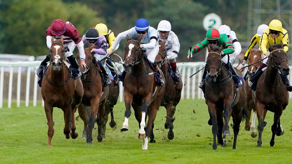 YARMOUTH, ENGLAND - SEPTEMBER 15: Dylan Hogan riding Premiere Beauty (blue cap) win The British EBF Fillies' Novice Stakes (Div 2) at Yarmouth Racecourse on September 15, 2022 in Yarmouth, England. (Photo by Alan Crowhurst/Getty Images)