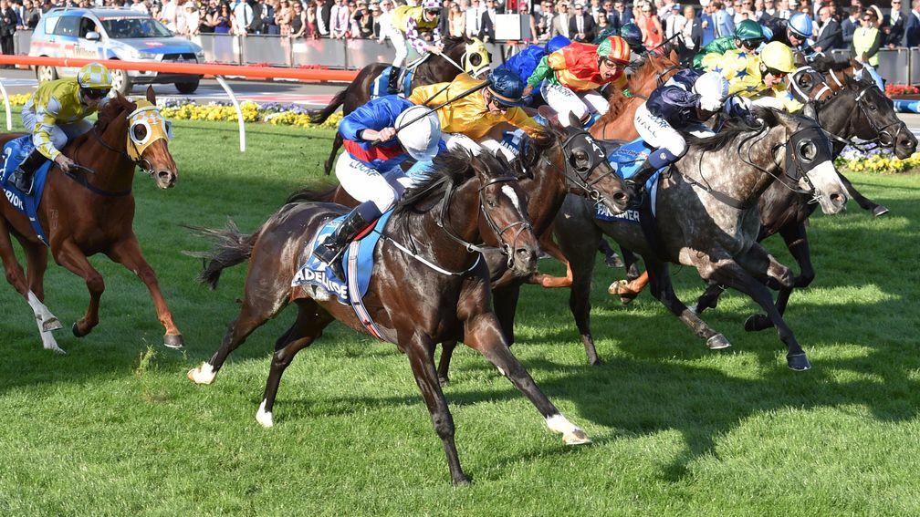Adelaide (white cap, near): gave Aidan O'Brien his first Group 1 victory in Australia by winning the Cox Plate in 2014