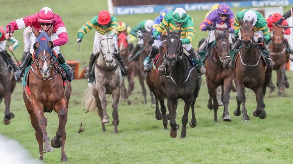 Early Doors (green cap, white star) spearheading a trio of JP McManus runners chasing winner Blow By Blow up the Cheltenham straight in the 2018 Martin Pipe Conditional Jockeys' Handicap
