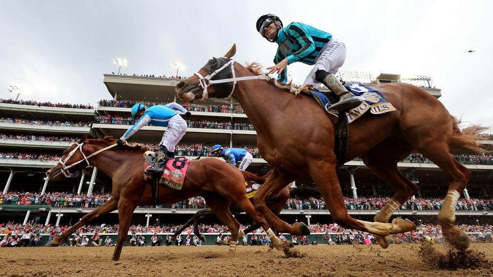 Mage (light blue): narrowly held on in a thrilling Kentucky Derby