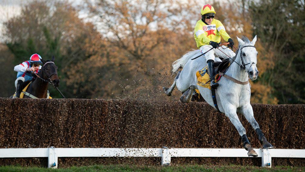 Politologue (Harry Skelton) jumps the 2nd last fence and wins the Tingle Creek ChaseSandown 5.12.20 Pic: Edward Whitaker/Racing Post