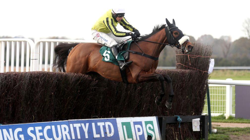 WARWICK, ENGLAND - NOVEMBER 06: Allmankind ridden by Harry Skelton jumps a fence before winning the Stan Mellor Memorial Novices Chase at Warwick Racecourse on November 6, 2020 in Warwick, England. (Photo by David Davies - Pool / Getty Images)