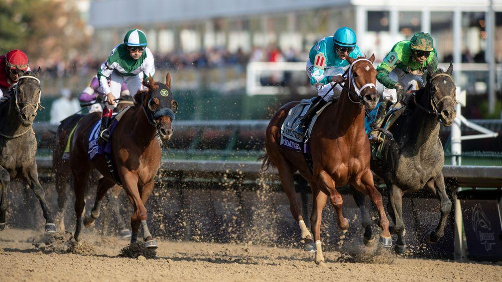 Monomoy Girl (2nd right), winning her first Breeders' Cup Distaff at Churchill Downs in 2018