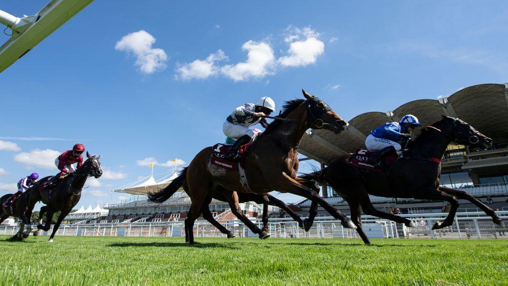Circus Maximus (white cap, nearside) almost pulled off an all-the-way success under Ryan Moore in the Sussex Stakes