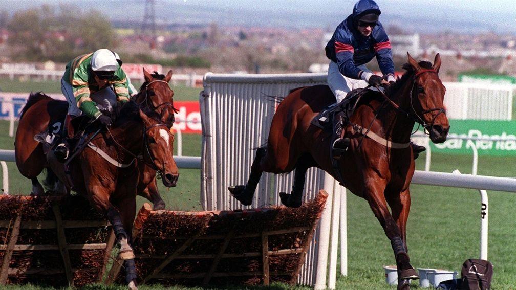 The Ferdy Murphy-trained French Holly leads Istabraq (white cap) in the 1999 Aintree Hurdle before finishing second