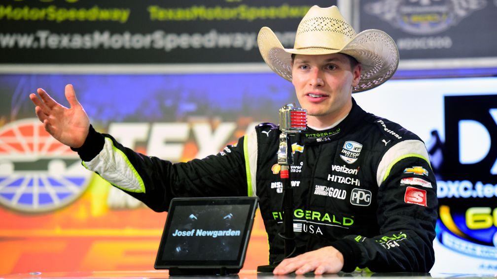 Josef Newgarden speaks with the media after winning the DXC Technology 600 at Texas Motor Speedway earlier this month