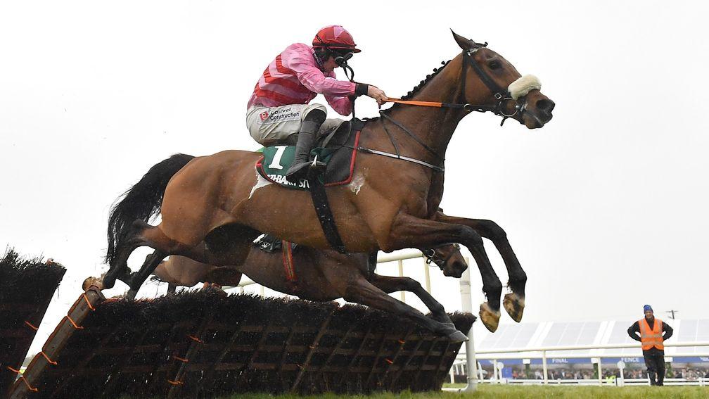 Brewin'upastorm (Jack Kennedy) jumps the last in the Rathbarry & Glenview Studs Hurdle at Fairyhouse