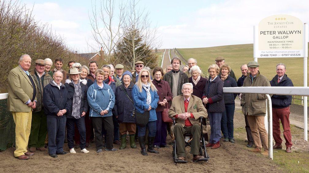 Peter Walwyn (ninth from the right) at the opening of a new gallop in Lambourn named in his honour